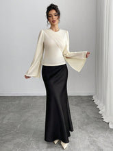 Elegant Apricot Crew Neck Long Sleeve Flare Cuff Mesh Panel Blouse & Black Fish Tail Skirt 2 Piece Set For Women